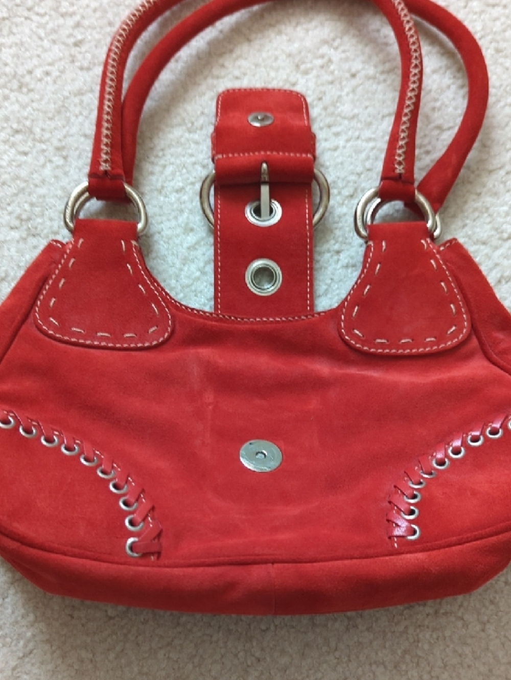 Prada Moon Red Suede Shoulder Bag with Silver-Tone Rings Like 🆕 - Picture 5 of 12